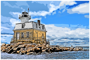Penfield Reef Lighthouse on Dangerous Rocks in Connecticut - Illus.