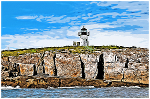 Pond Island Lighthouse Over Rocky Cliffs in Maine - Illus.