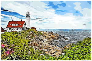 Wildflowers Around Rocky Shore By Portland Head Light in Maine - Illus.