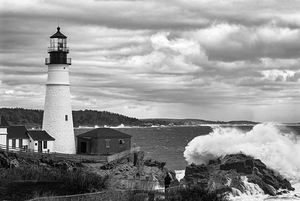 Great Wave Breaks by Portland Head Lighthouse in Maine -B&W