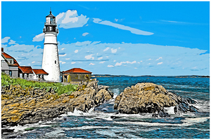 Portland Head Lighthouse At High Tide in Maine - Illus.