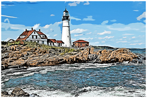 Portland Head Lighthouse with Rough Surf in Maine - Illus.