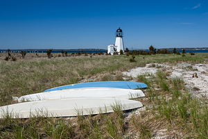 Kayaks by Prudence Island Sandy Point Lighthouse in Rhode Island