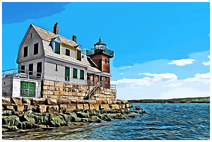 Rockland Breakwater Lighthouse on Summer Day in Maine - Illus.