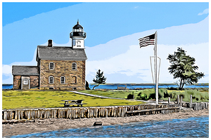American Flag by Sheffield Island Lighthouse in Connecticut - Illus.
