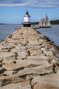 Schooner Sailboat Approaches Spring Point Ledge Light in Maine