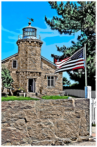 American Flag by Stonington Harbor Lighthouse in Connecticut -Illus.