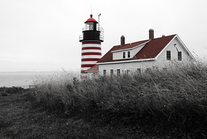 West Quoddy Head Light on Foggy Day in Down East Maine -B&W