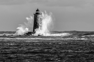 Giant Waves Break Around Whaleback Light in Maine -B&W