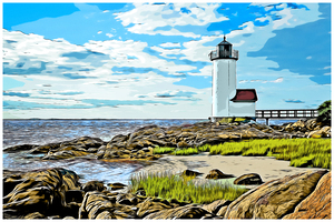 Annisquam Lighthouse Along Rocky Shoreline in Massachusetts - Illus.