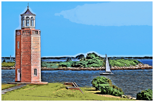 Sailboat Approaching Avery Point Lighthouse in Connecticut - Illus.