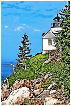 Bass Harbor Lighthouse Over Rocky Cliffs in Acadia Park in Maine - Illus.