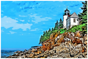 Bass Harbor Lighthouse Over Rocky Cliffs in Northern Maine -Illus.