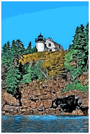 Bear Island Lighthouse Over Rocky Cliffs in Acadia Park in Maine - Illus.