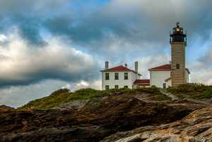 Beavertail Lighthouse Flashing As Clouds Approach in Rhode Island