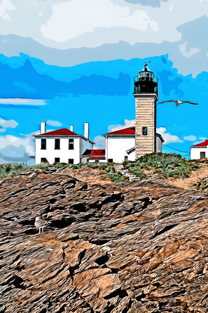 Beavertail Lighthouse on Rocky Coast Near Newport Rhode Island - Illus.