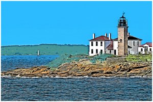 Beavertail Lighthouse Overlooking Narragansett Bay in Rhode Island - Illus.
