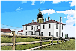 Wooden Fence Leads to Beavertail Lighthouse Museum and Tower in Rhode Island - Illus.
