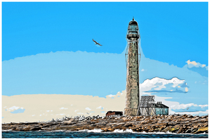 Seabird Flies By Remote Boon Island Lighthouse in Southern Maine - Illus.