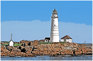 Boston Harbor Lighthouse on Summer Day in Massachusetts - Illus.