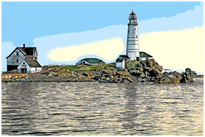 Boston Harbor Lighthouse on Island in Massachusetts - Illus.