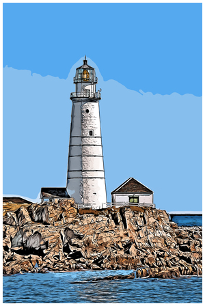 Boston Harbor Lighthouse Tower on Rocky Island in Massachusetts - Illus.