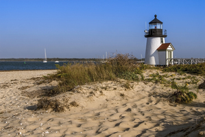 Brant Point Light Tower On Beach Over Nantucket Harbor In Massachusetts
