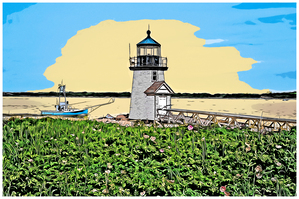 Fishing Boat Passes Natucket Island Lighthouse in Massachusetts - Illus.