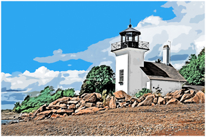 Bristol Ferry Lighthouse Surrounded with Rocks for Protection in Rhode Island - Illus.