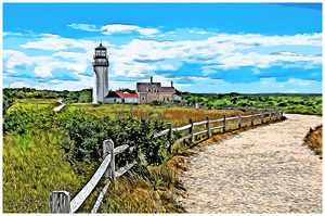Wooden Fence Leads to Highland Lighthouse of Cape Cod in Massachusetts - Illus.