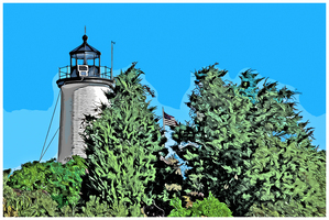American Flag Between Evergreens by Cape Poge Lighthouse on Marthas Vineyard - Illus.