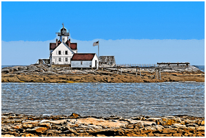 Cuckolds Lighthouse Off Rock Shore in Boothbay Region in Maine - Illus.