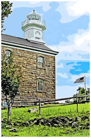 Great Captain Island Light with American Flag in Connecticut - Illus.