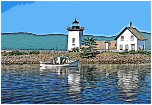 Lobster Boat by Grindle Point Lighthouse in Maine - Illus.