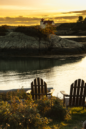 Adirondack Chairs by Hendricks Head Light at Sunset in Maine