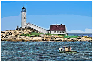 Lobster Boat By Isles of Shoals Light on White Island in New Hampshire - Illus.