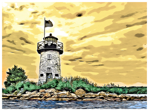 Ladies Delight Lighthouse Near Sunset in Maine - Illus.