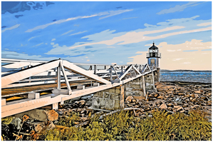 Wooden Walkway Leads to Marshall Point Lighthouse Tower in Maine.