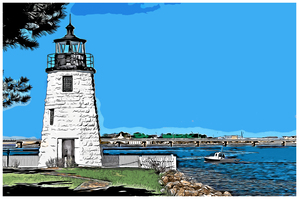 Lobster Boat By Newport Harbor Lighthouse in Rhode Island - Illus.