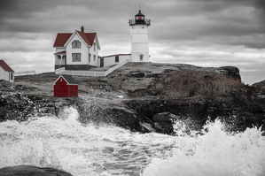 Stormy Seas Around Cape Neddick or Nubble Lighthouse in Maine - B&W