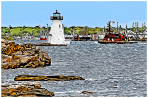 Palmer Island Light Guides Tugboat Into New Bedford Harbor in Massachusetts - Illus.