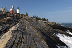 Pemaquid Point Lighthouse Over Unique Rock Formations Along Maine Coastline