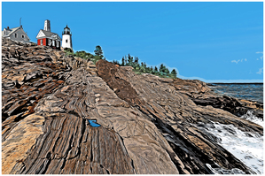 Rock Formations Lead Up to Pemaquid Lighthouse Along Maine Coastline - Illus.