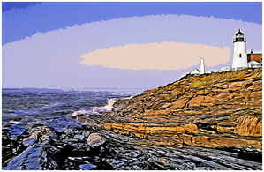 Early Dawn Surrounds Pemaquid Point Lighthouse Over Rocky Cliffs in Maine - Illus.