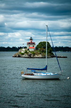 Sailboat Moored in Front of Pomham Rocks Lighthouse