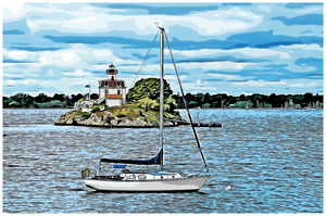 Sailboat in Front of Pomham Rocks Lighthouse in Rhode Island - Illus.