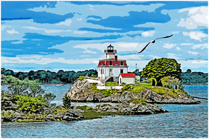 Pomham Rocks Lighthouse on Rocky Island on Providence River in Rhode Island - Illus.