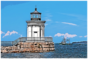 Fishing Boat By Portland Breakwater Lighthouse in Maine - Illus.
