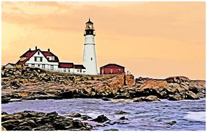 Sunset by Portland Head Lighthouse in Southern Maine - Illus.