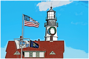 American Flags During Holidays at Portland Lighthouse in Maine - Illus.